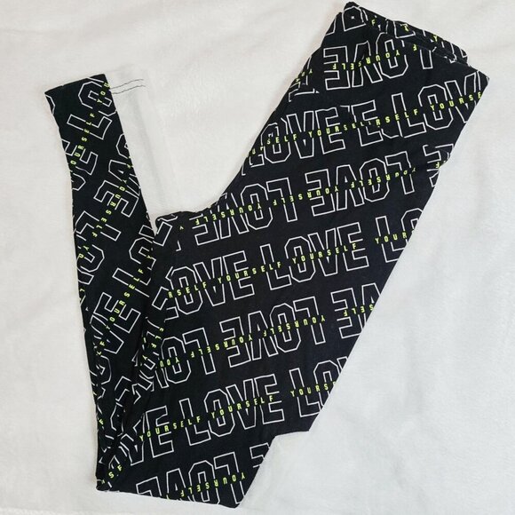 No Boundaries Leggings Love Yourself Print Black/White Neon Accents Stretchy M - Picture 2 of 7